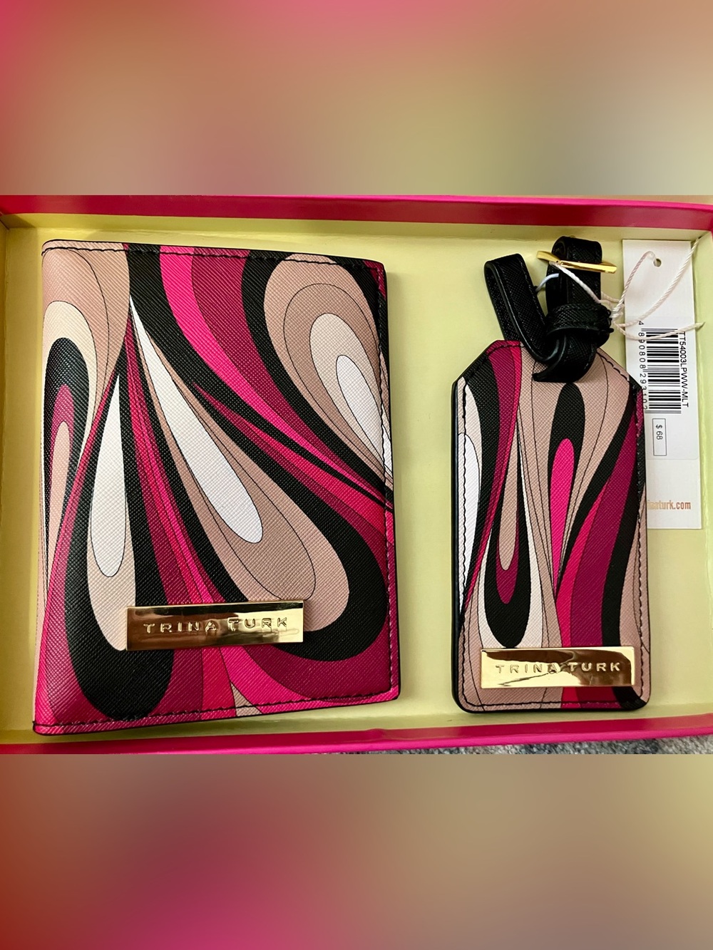 Trina Turk Pink, Black & Cream Swirl Passport Case/Wallet with  Luggage Tag
